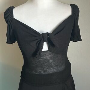 Semi-Sheer Black Cut Out Tie Front Puff Short Sleeve Slim Fit Fashion Top